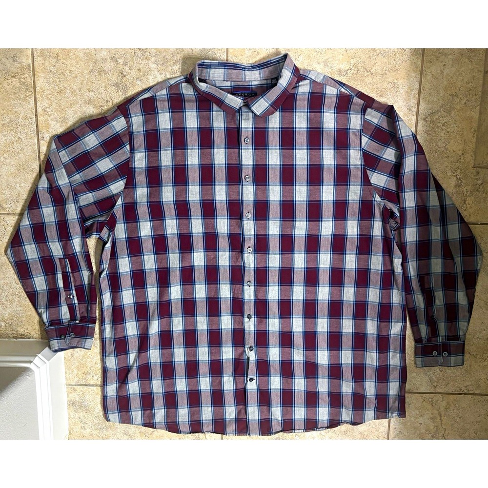 Synrgy Men's Long Sleeve Button-Up Plaid Point Collar 3XLT Burgundy Blue White